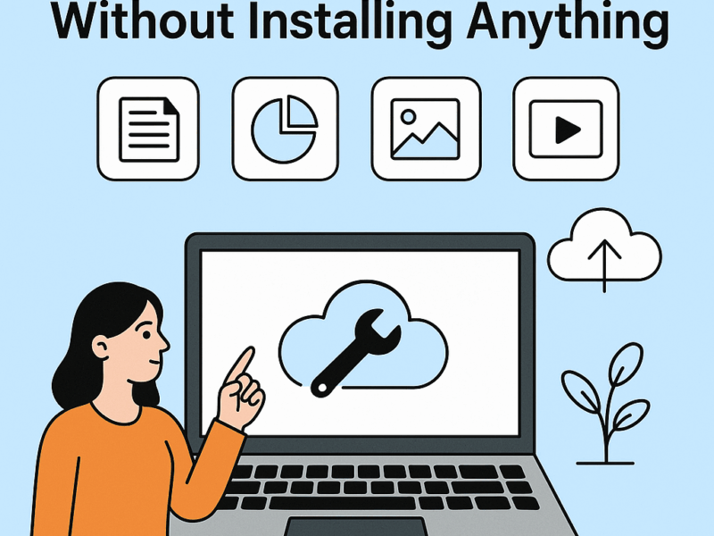 Illustration showing a woman pointing at a laptop screen with cloud-based tools, symbolizing free online tools to work without installing anything.