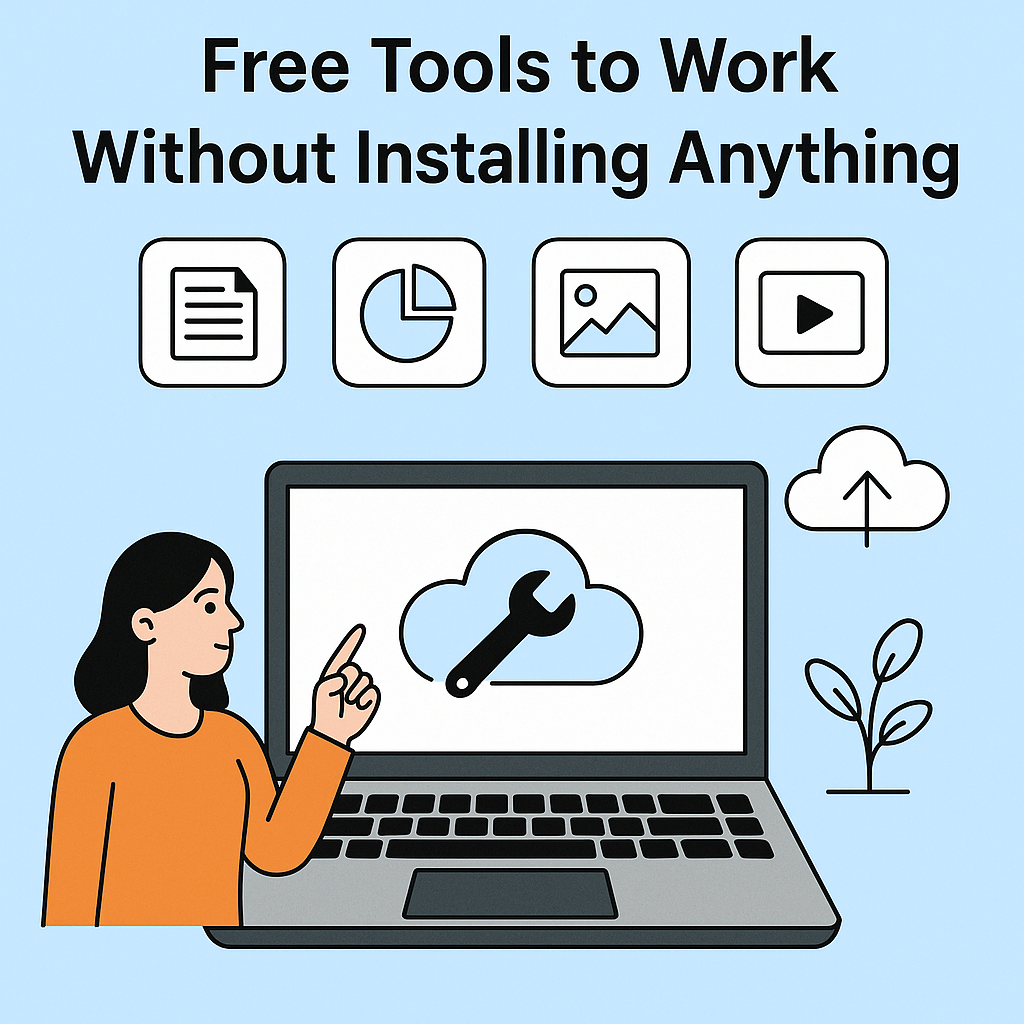 Illustration showing a woman pointing at a laptop screen with cloud-based tools, symbolizing free online tools to work without installing anything.